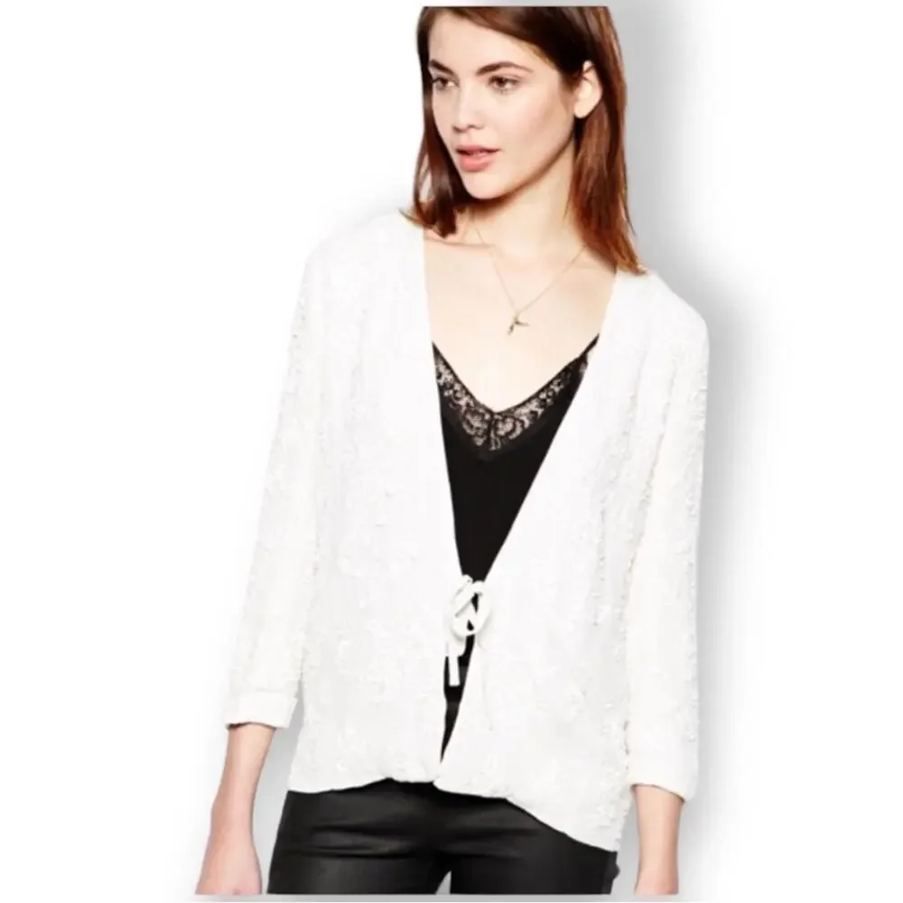 French Connection Mimosa Mist Sequined Tie Front Jacket in Daisy White 4 NWT